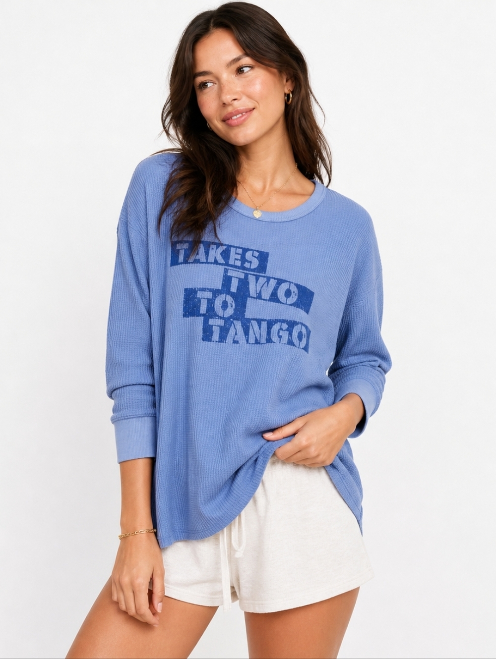 Aerie Blue “Takes Two to Tango” Waffle Knit Long Sleeve Top